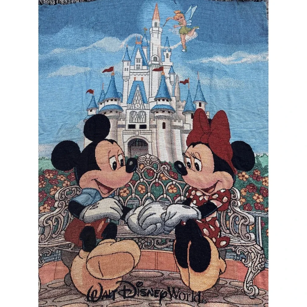 Vintage Walt Disney World Mickey Minnie Castle Woven Tapestry Throw Blanket